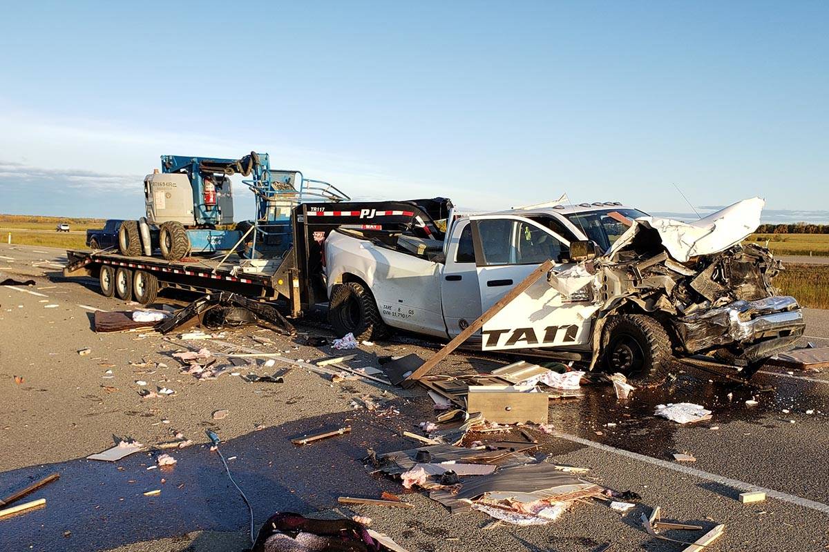 PHOTOS: Trailer likely saved Alberta man’s life in eight-vehicle highway crash