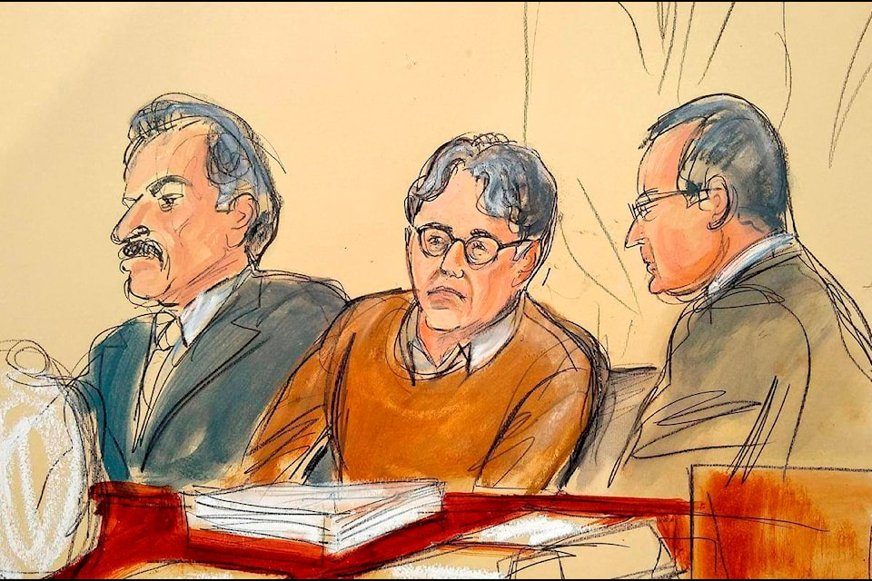 FILE - In this Tuesday, May 7, 2019, file courtroom drawing, defendant Keith Raniere, center, leader of the secretive group NXIVM, is seated between his attorneys Paul DerOhannesian, left, and Marc Agnifilo during the first day of his sex trafficking trial. Raniere, a self-improvement guru whose organization NXIVM attracted millionaires and actresses among its adherents, faces sentencing Tuesday, Oct. 27, 2020, on convictions that he turned some female followers into sex slaves branded with his initials. (Elizabeth Williams via AP, File)