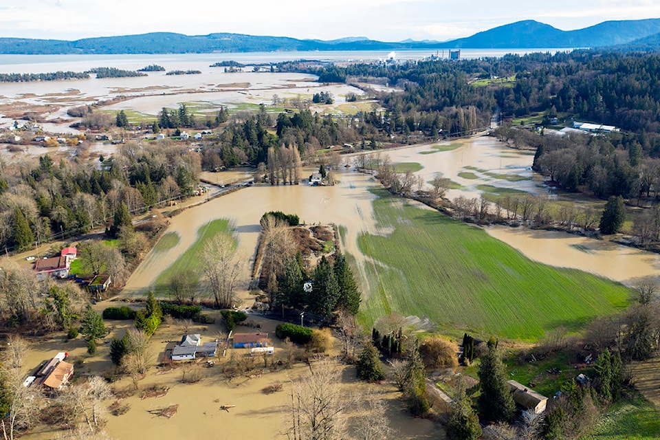 Severe flooding of Halalt lands in February 2020. The Crofton Road turnoff and Tussie Road are all in view of this aerial drone shot. (File photo by Shawn Wagar)