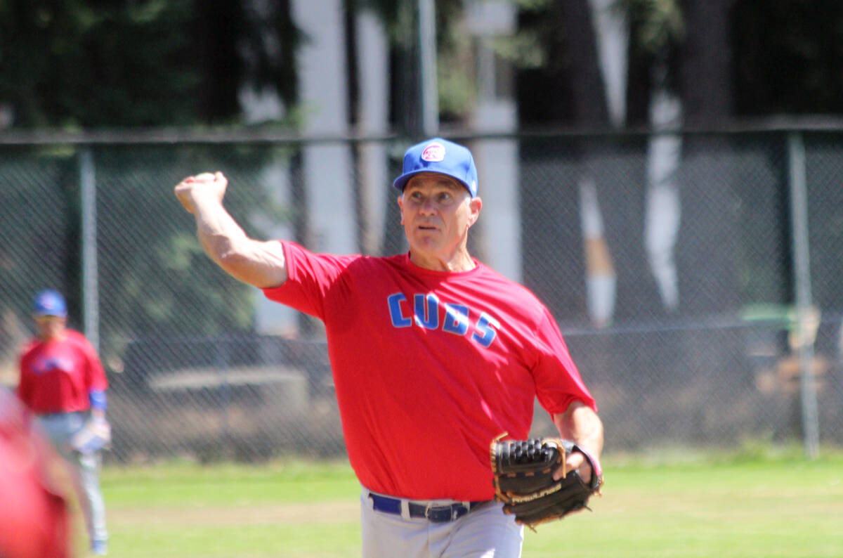 Doug Chase delivers a pitch for the Port Alberni Cubs in first game of a Saturday doubleheader at the Chemainus Ball Park. (Photo by Don Bodger)