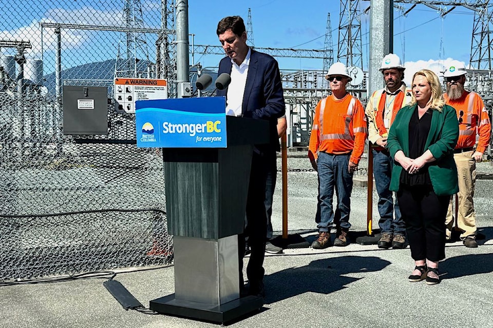 Premier David Eby announces $1B in capital projects to power growth in the Fraser Valley, at the Atchelitz substation in Chilliwack on Aug. 28, 2024.