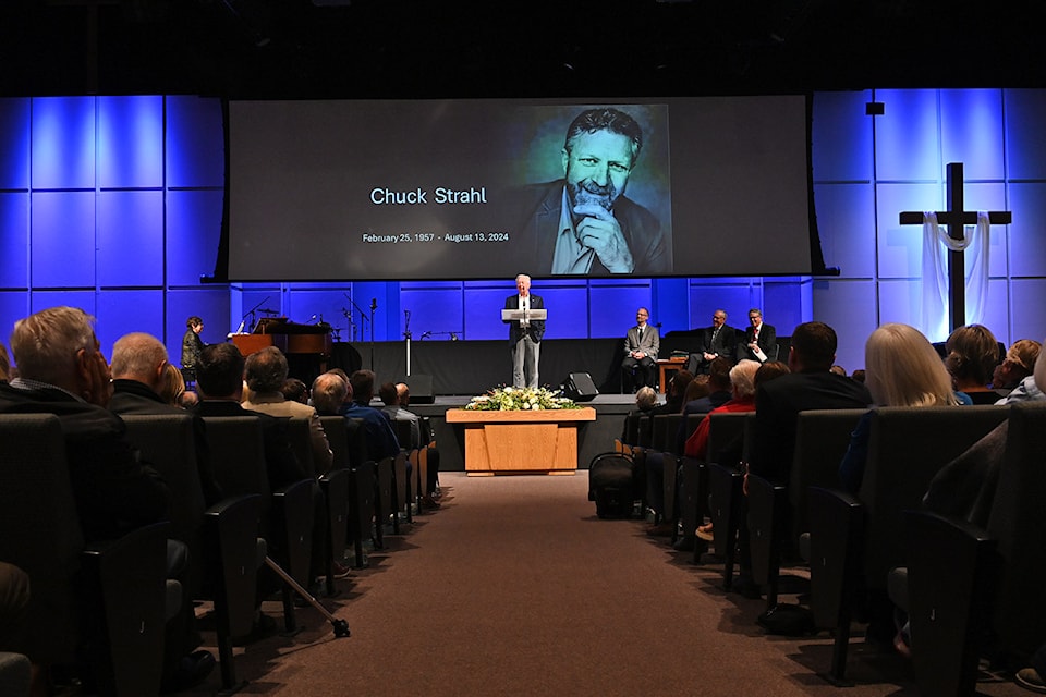 Preston Manning, former leader of the Official Opposition of Canada, delivers the eulogy for former MP Chuck Strahl at Chilliwack Alliance Church on Friday, Aug. 23, 2024.