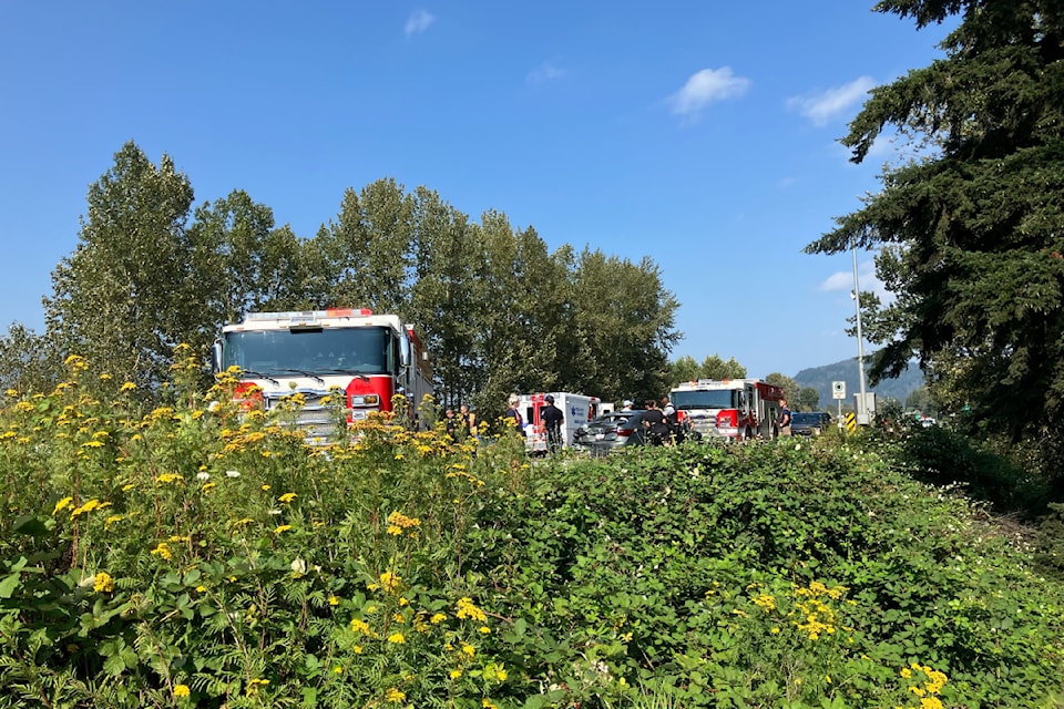 Emergency crews tend to motorists involved in a multi-vehicle crash on Highway 1 near Chilliwack, on Aug. 6, 2024. (JENNA HAUCK/ Chilliwack Progress) 