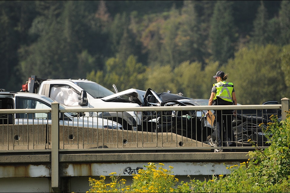 Emergency crews were on scene at a fatal collision on Highway 1 at the east end of the Vedder Canal Bridge on Tuesday, Aug. 6, 2024.