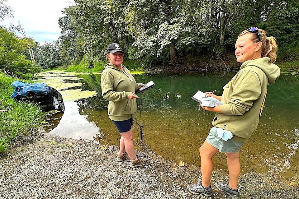 Krissi Bonthoux and Lada Victor testing water quality as part of Indigenous-led Hope Slough project focused on improving water quality and flow.