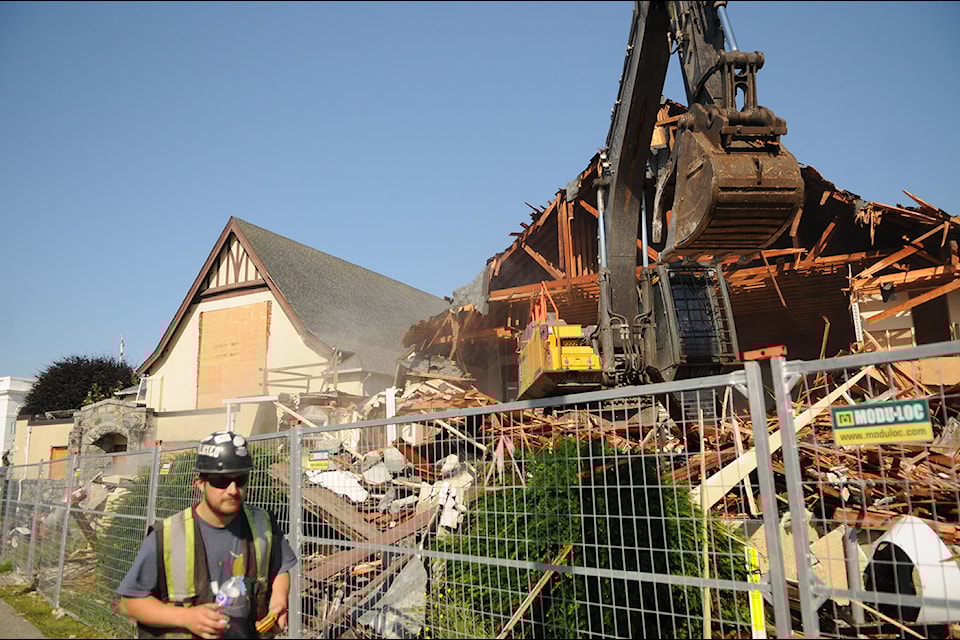 Crews demolish the hall at Cheam View United Church at the corner of Yale Road and Spadina Avenue on Wednesday, July 10, 2024.