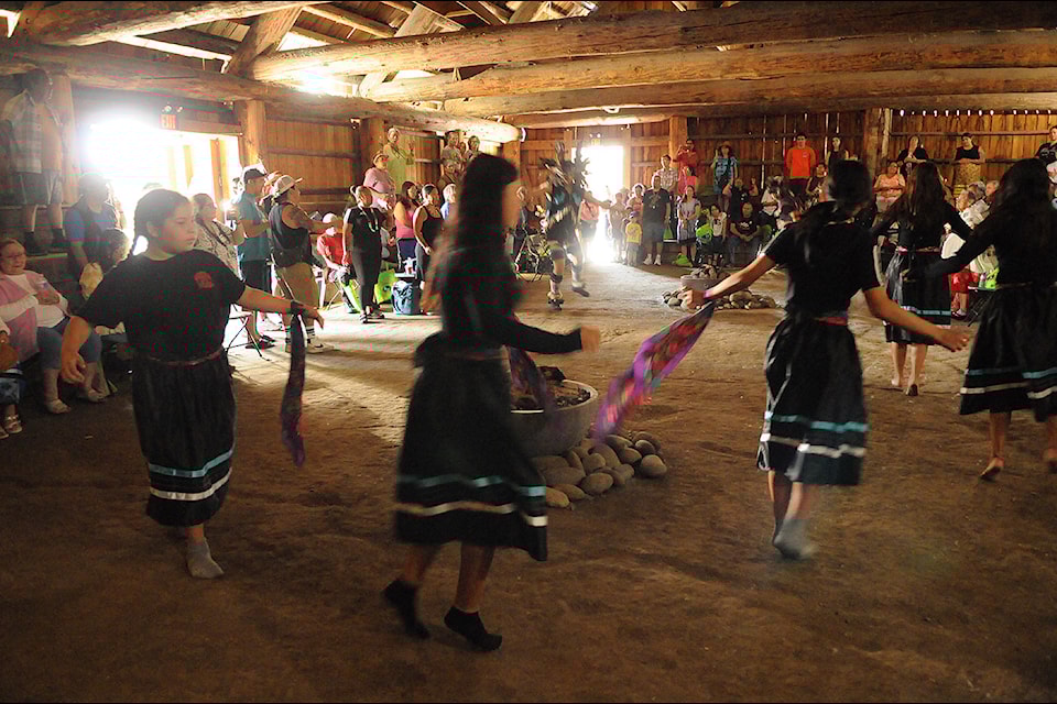 Pil’alt dancers and drummers perform during the 50th anniversary of the Coqualeetza Cultural Education Centre in Chilliwack on Friday, July 12, 2024. 