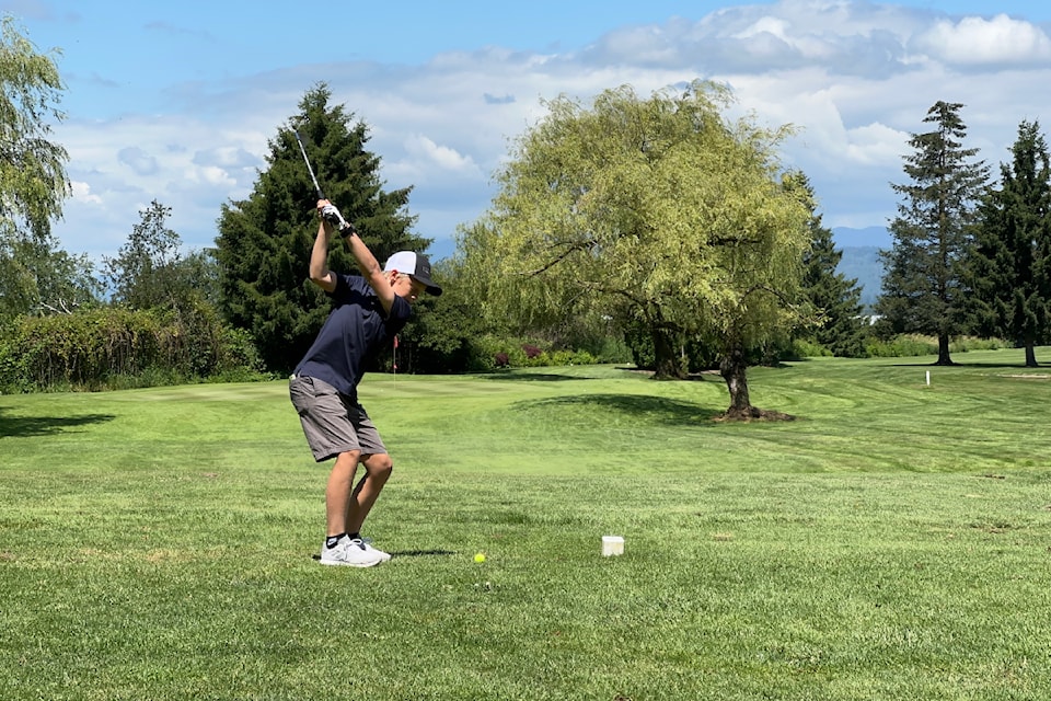 Chilliwack's Mason Neufeld looking to drive the green on the fourth hole during round two of the Fred Wellsby Junior Divot Tour at Valley Gold Course on July 3, 2024. 