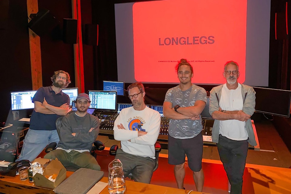 Some of the 'Longlegs' post-production team include (from left): editor Graham Fortin who was born and raised in Chilliwack, sound designer/mixer Eugenio Battaglia, director Osgood Perkins, editor Greg Ng, post-production supervisor Andy Levine.