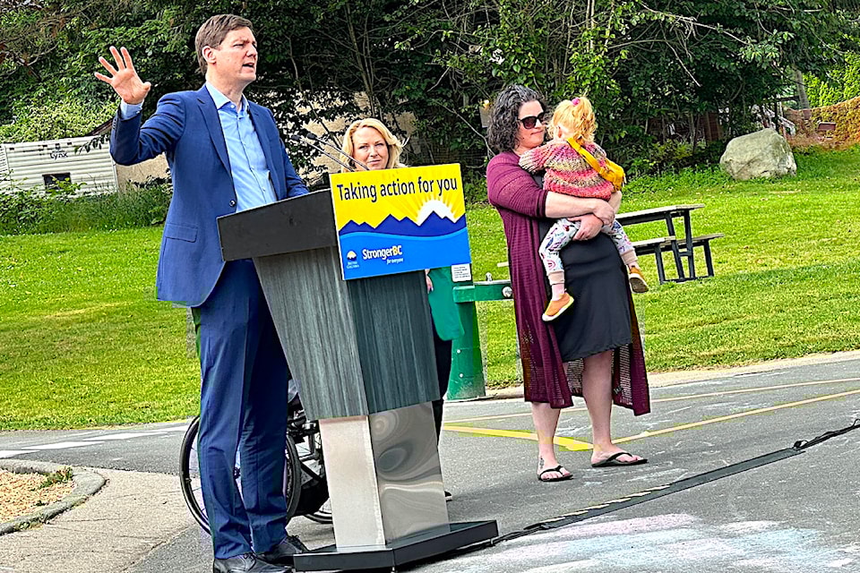 B.C. Premier David Eby announces boost to the BC Family Benefit in Jinkerson Park in Chilliwack on June 24, 2024. (Jennifer Feinberg/ Chilliwack Progress) 