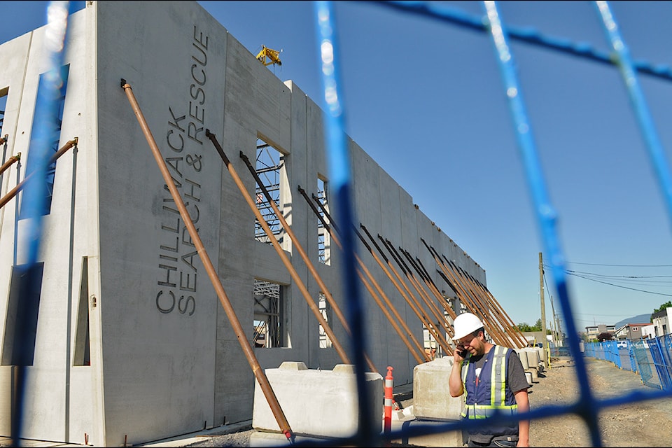 A construction team works on the new Chilliwack Search and Rescue building on Fifth Avenue on Thursday, June 20, 2024.