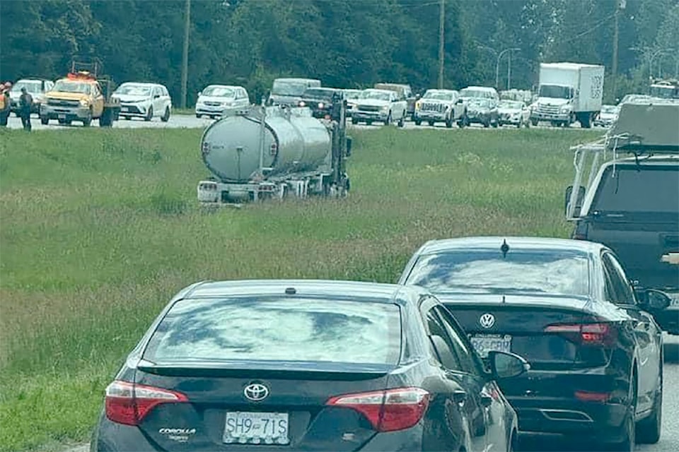 This fuel truck went into the median on Highway 1 in Abbotsford on Friday, June 14, 2024. 