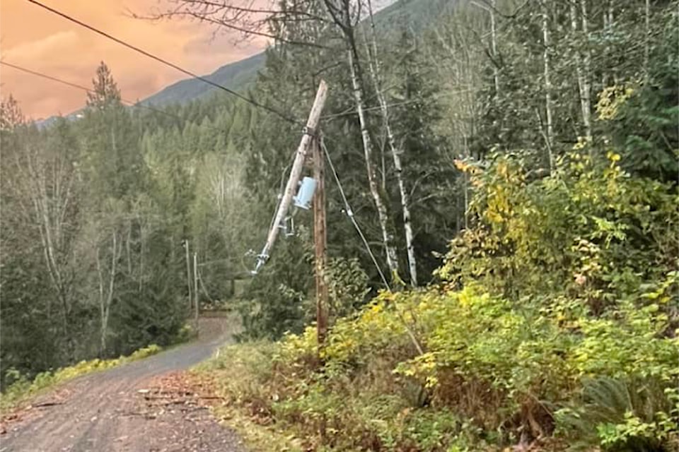 A power pole snapped on Hinkley Road in Chilliwack's eastern hillsides during a fierce windstorm Nov. 4. 
