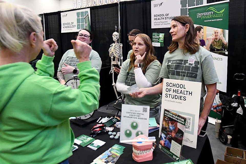 People check out some of what the University of the Fraser Valley has to offer during an open house at the Abbotsford campus on Saturday, Oct. 26, 2024. 