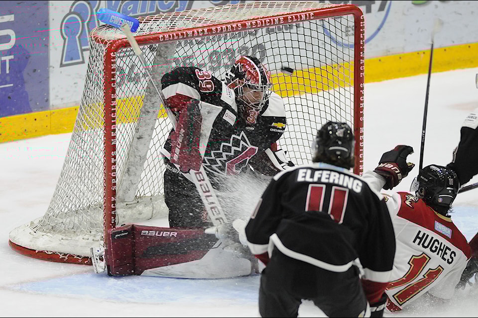 The puck flies past Chilliwack Chiefs goaltender Owen Bresson and into the net during a game against the West Kelowna Warriors at the BCHL Showcase at the Chilliwack Coliseum on Tuesday, Oct. 15, 2024.