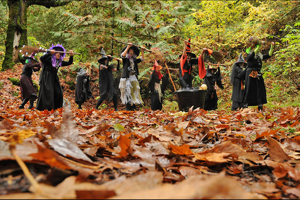 The Chilliwack Trail Sisters perform the Witch Dance at Karver Trail in Ryder Lake while shooting a fundraiser video on Wednesday, Oct. 23, 2024. 