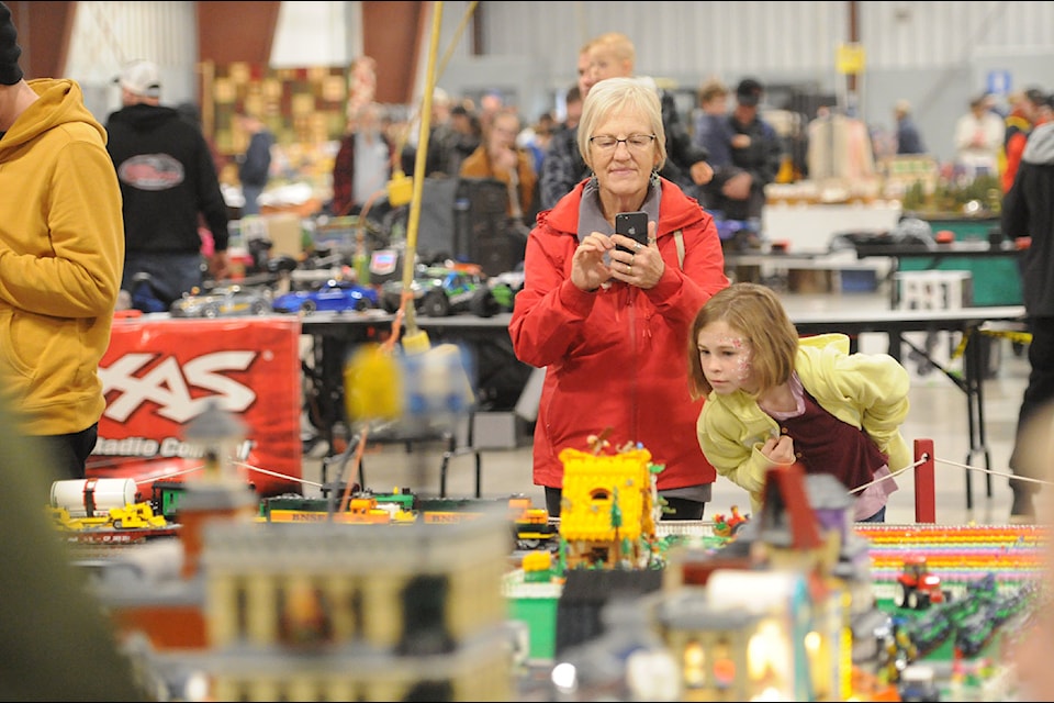 People look at a Lego display during the Train and Hobby Show at Chilliwack Heritage Park on Saturday, Oct. 19, 2024. 