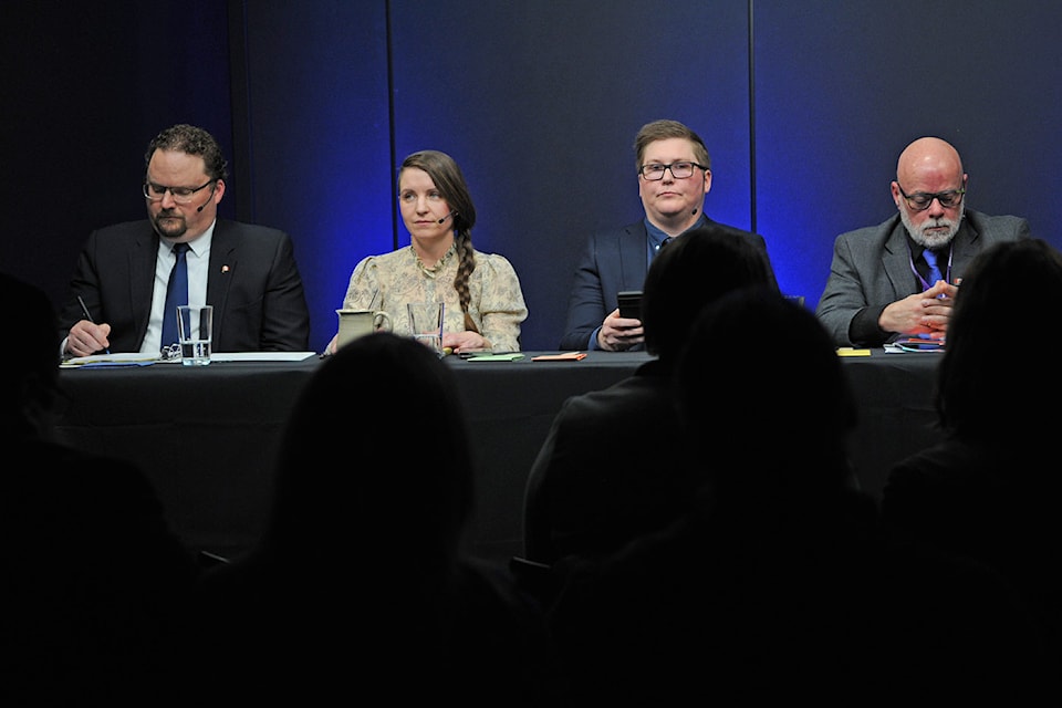 From left, Mark Strahl (Conservatives), Salina Derish (Green Party), Teri Westerby (NDP), and Jeff Galbraith (People's Party of Canada) during an all-candidates forum at Cowork Chilliwack on Thursday, April 10, 2025.