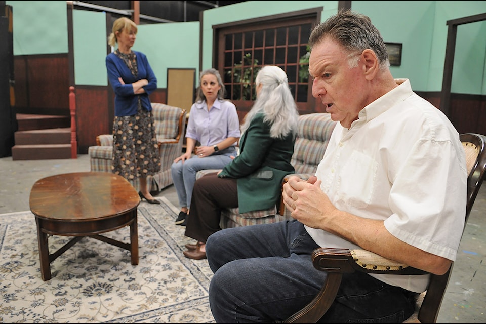 Graham Archer plays Hector Martinoff in original play 'Hector' written by Clint Hames of the Chilliwack Players Guild. Also pictured here are (from left) Judy Becker as Joyce Martinoff, Krysandra Wilson playing Evelyn Desjarlais, and Mary Ellen Shimell as Helena Carova.