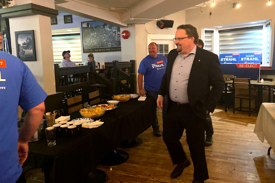 Mark Strahl arrives at a watch party for the Conservatives in Chilliwack-Hope, at Duke's Country Pub on election night, April 28, 2025. 