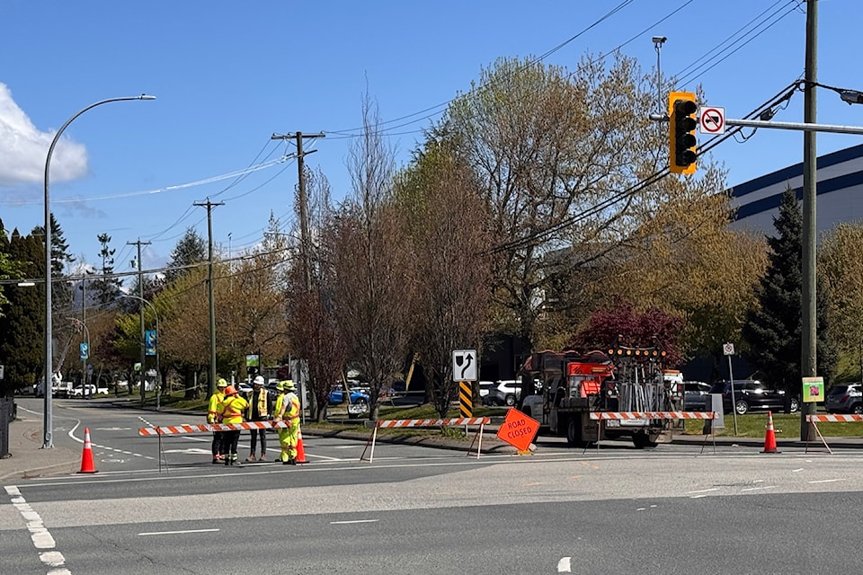 A section of Ashwell Road was closed on Tuesday, April 22, 2025, after a vehicle hit a utility pole and knocked out power to hundreds of BC Hydro customers in Chilliwack.