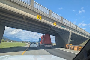 Over-height semi-truck hits overpass on Hwy. 1 through Chilliwack