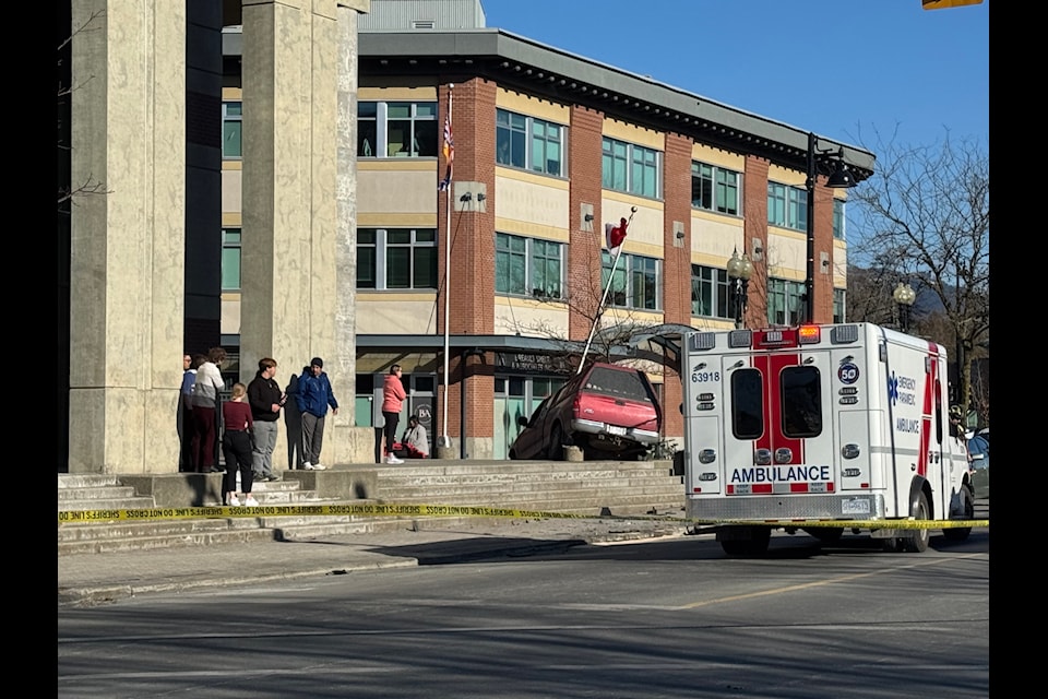 The scene after a two-vehicle crash at the Chilliwack Law Courts where the truck ended up leaving the road on Feb. 10, 2025.  (Jessica Peters/ Chilliwack Progress) 