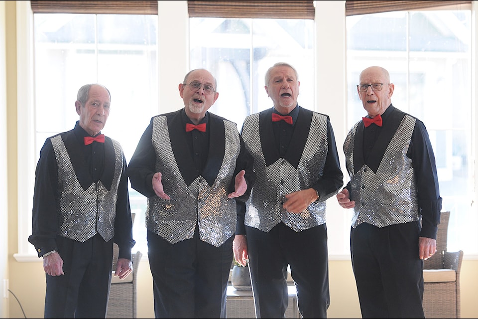 From left: tenor Gerry Sandau, lead Gerry Borden, bass Don Romanik, and baritone Bob Lounsbury make up one of the quartets with the Chilliwack Harmony Chorus. Their message is "send your sweetie a singing valentine" on Feb. 14.