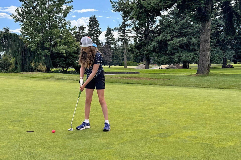 Makenna Cavanagh of Chilliwack competes in the age 10-and-under category during the championship round of the Fred Wellsby Junior Divot Tour at Chilliwack Golf Club on Monday, July 14, 2025.