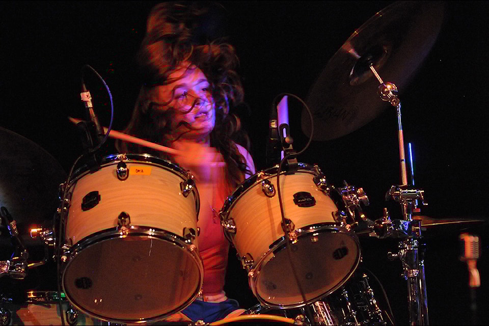 Drummer Hannah Welsh, with Whitehorse teen band Cows Go Moo, performs at the inaugural Controlled Chaos Music Festival on Saturday, July 5, 2025 at the Chilliwack Coliseum.