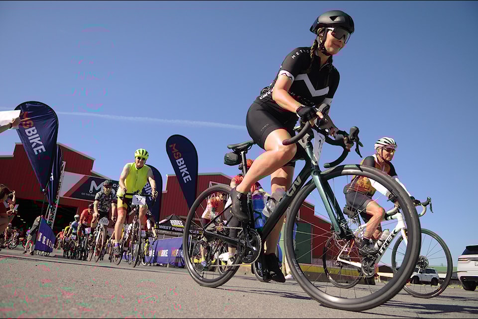 Cyclists leave Chilliwack Heritage Park while taking part in the 100-kilometre route of the MS Bike Chilliwack fundraiser for multiple sclerosis on Saturday, July 12, 2025. 
