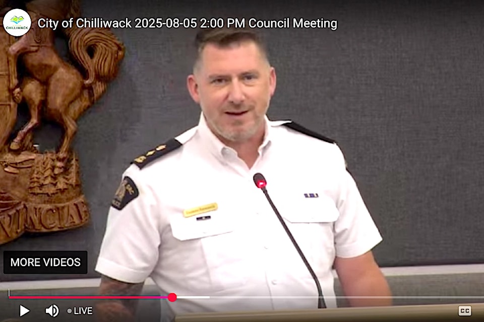 Supt. Darren Pankratz talks about Chilliwack crime statistics at city hall Tuesday (Aug. 5). (City of Chilliwack/screenshot) 