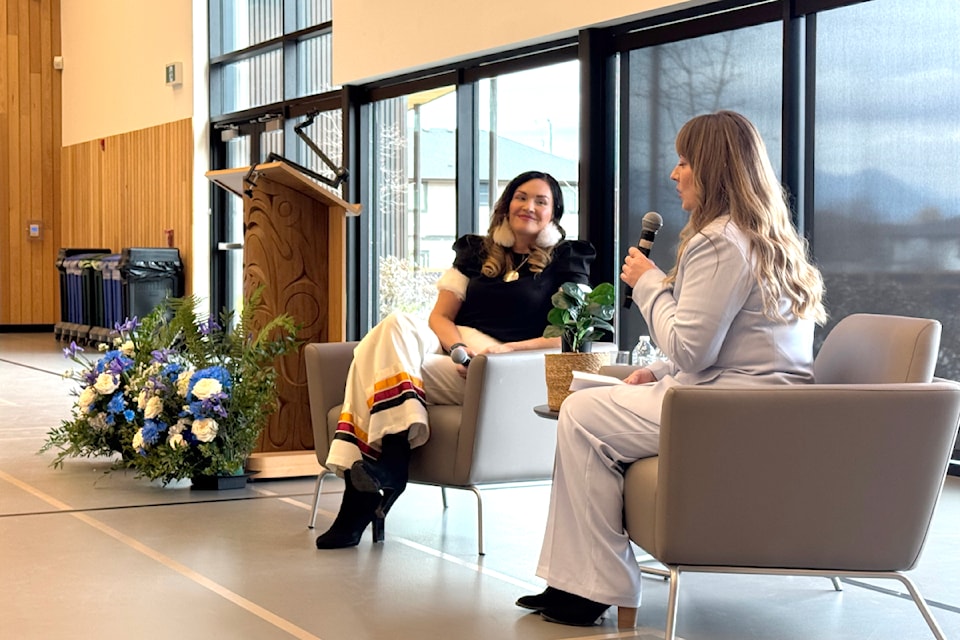 Coralee Grimm from Culture Co. (right) interviews author Angela Sterritt at the Chilliwack Chamber of Commerce Internationals Women's Day event at the The'í:tselíya Health & Community Centre on March 7, 2025. 