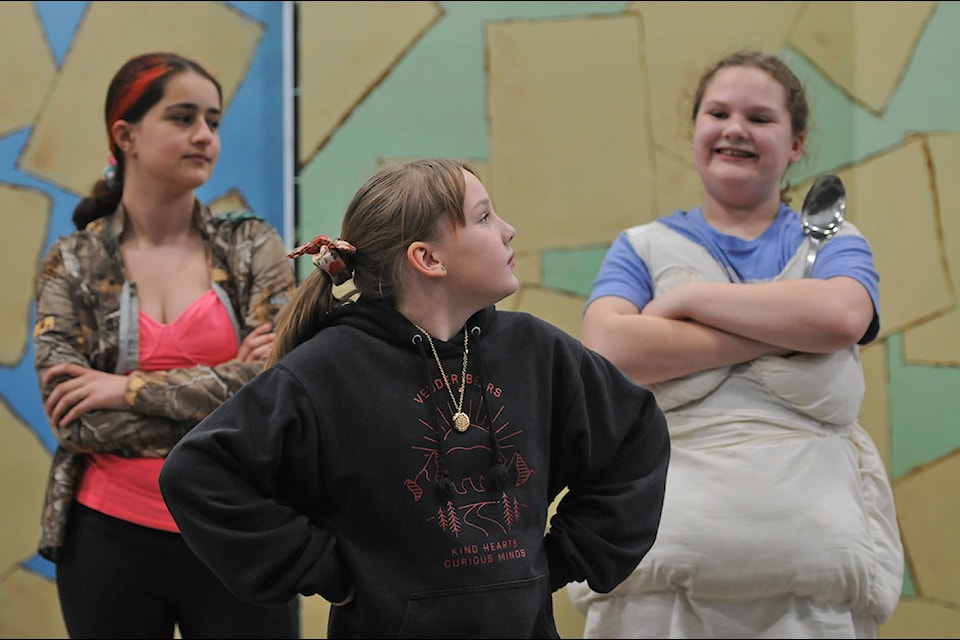 Piper Wilkinson (centre) plays Matilda while Dehva Mottaghian (left) is Lavender and Sydney Wilkinson is Bruce in the Chilliwack Players Guild's production of Matilda the Musical, which runs April 24 to May 4, 2025.