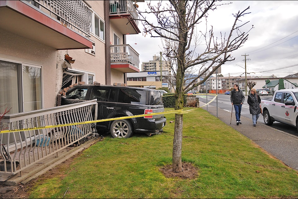 This SUV crashed into an apartment building on Mary Street in Chilliwack on Tuesday, March 4, 2025. It is pictured the following morning on March 5.