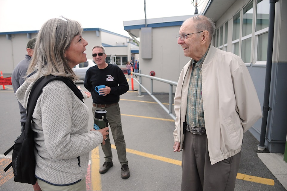 Jim Stevenson, 96, was likely the oldest former student from Cheam Elementary School who took in the school's 150th anniversary celebration on Saturday, May 10, 2025. He is pictured here chatting with Leslie Waddington, a retired principal who worked in the Chilliwack School District.
