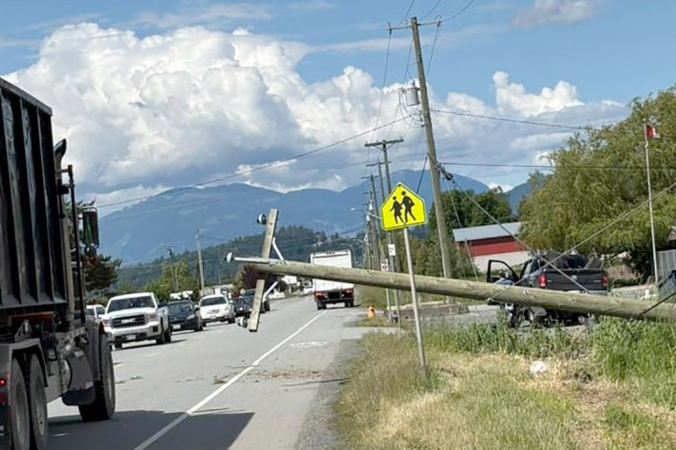 Truck shears off power pole on Prest Road in Chilliwack