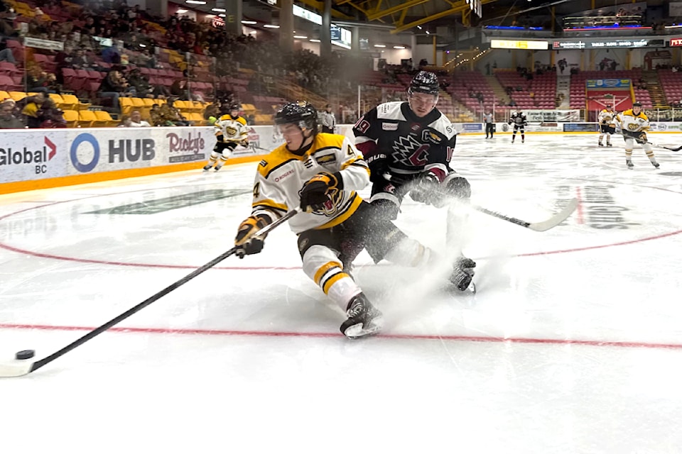 Chilliwack Chief Mateo Mrsic chases down Victoria Grizzlies Garrett Frazer in the second period of a Dec. 27 game at the Chilliwack Coliseum. The Chiefs won 8-4 and remain in the top spot of the Coastal Conference.  