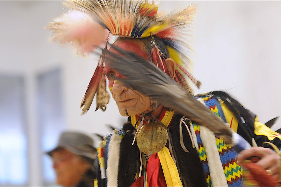 Peter Anthony of Chase, B.C. takes part in an intertribal dance during the Spirit of the People Powwow at Chilliwack secondary on Saturday, Feb. 15, 2020. (Jenna Hauck/ The Progress)
