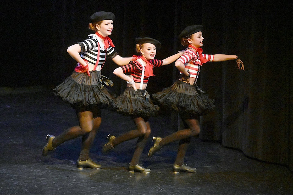Chilliwack’s Leah Vandenberg, Stella Sexsmith and Aliya Almarez compete in the trio tap (nine to 12 years) division of the Chilliwack Lions Club Music and Dance Festival at the Chilliwack Cultural Centre on Saturday, Feb. 29, 2020. (Jenna Hauck/ The Progress)
