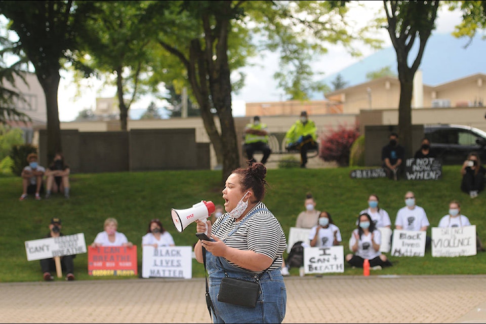 Lakeisha Hewitt speaks during an anti-racism rally at Central Community Park in downtown Chilliwack on Saturday, June 6, 2020. (Jenna Hauck/ The Progress)