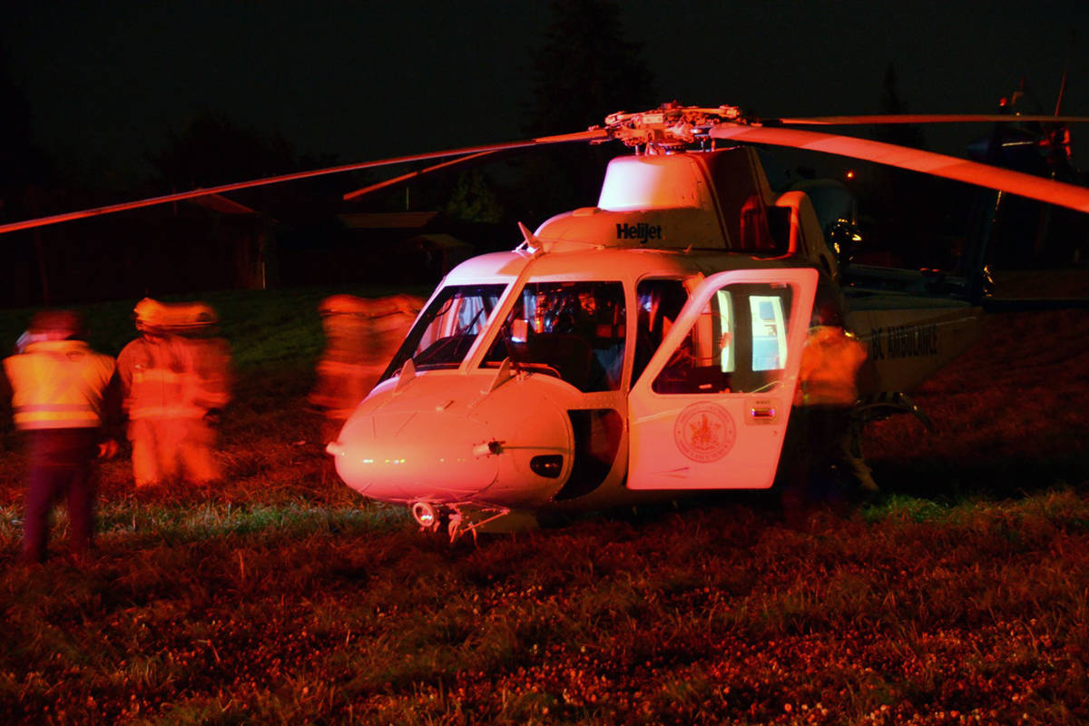 Air ambulance in Chilliwack on Oct. 11, 2020 after a fatal rollover killed two young people in the Fraser River. A third was airlifted to hospital. (Curtis Kreklau/South Fraser News Services)