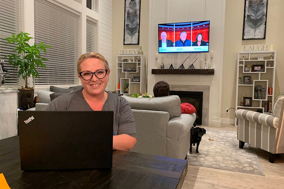 Chilliwack-Kent provincial election NDP candidate Kelli Paddon watching results as they come in on election night Oct. 24, 2020. She currently maintains the lead, but an estimated 5,000-plus mail-in ballots are yet to be counted. (Submitted)