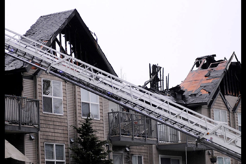 A fire tore through Delair Court in Abbotsford in the early morning of Feb. 14, 2021. (John Morrow/ Black Press)