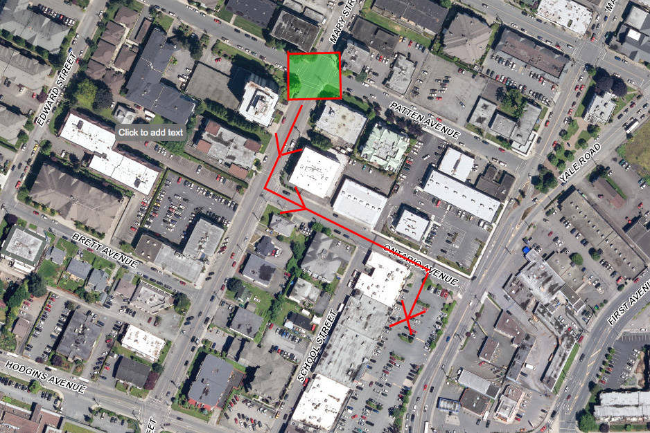 The green square is the intersection of Mary Street and Patten Avenue where 78-year-old Fourghozaman Firoozian was struck and killed by a pickup truck on Dec. 1, 2016. Crown counsel alleges 70-year-old Linnea Labbee struck her, stopped briefly, and continued south on Mary, turned left on Ontario Avenue, and went to the Southgate Plaza parking lot. (Maps.Chilliwack.com)