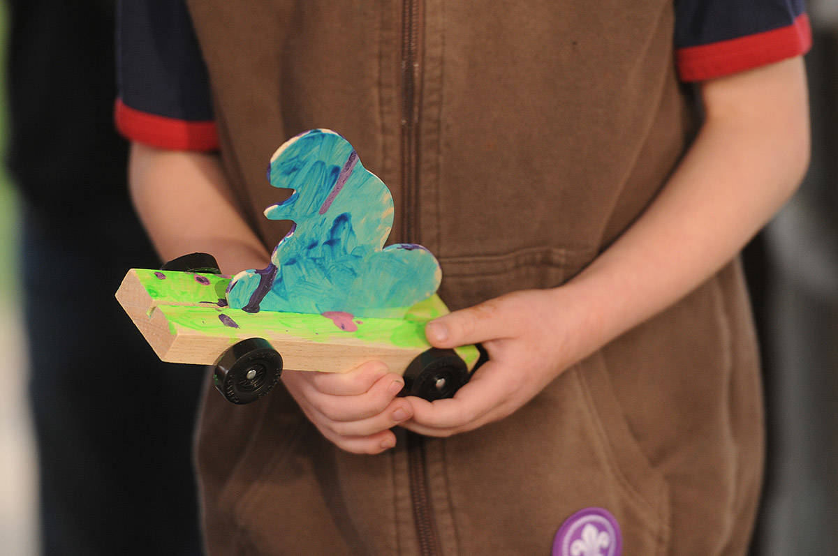 A child holds his Beaver Buggy during race day at Gwynne Vaughan on Tuesday, April 6, 2021. (Jenna Hauck/ Chilliwack Progress)