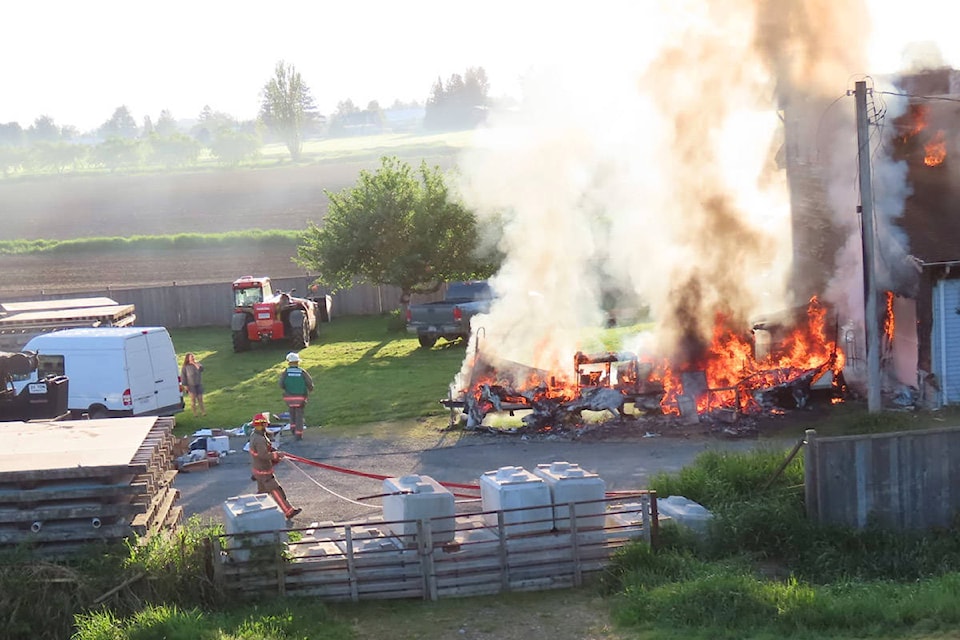 The Chilliwack Fire Department responded to a fully engulfed travel trailer fire around 6:30 a.m. on Saturday, May 15, 2021. (Chris Gadsden)