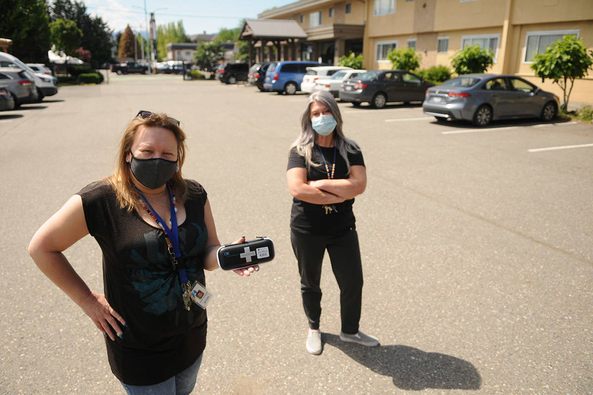 Christine Christensen (left) and Jodi Higgs with Pacific Community Resources Society are offering a number of upcoming events, workshops and videos to help educate friends and family members who have loved ones that are drug users. (Jenna Hauck/ Chilliwack Progress)