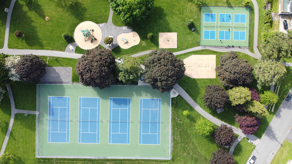 An aerial shot of Kinsmen Park. The new pickleball courts are seen at the top right. (City of Chilliwack)