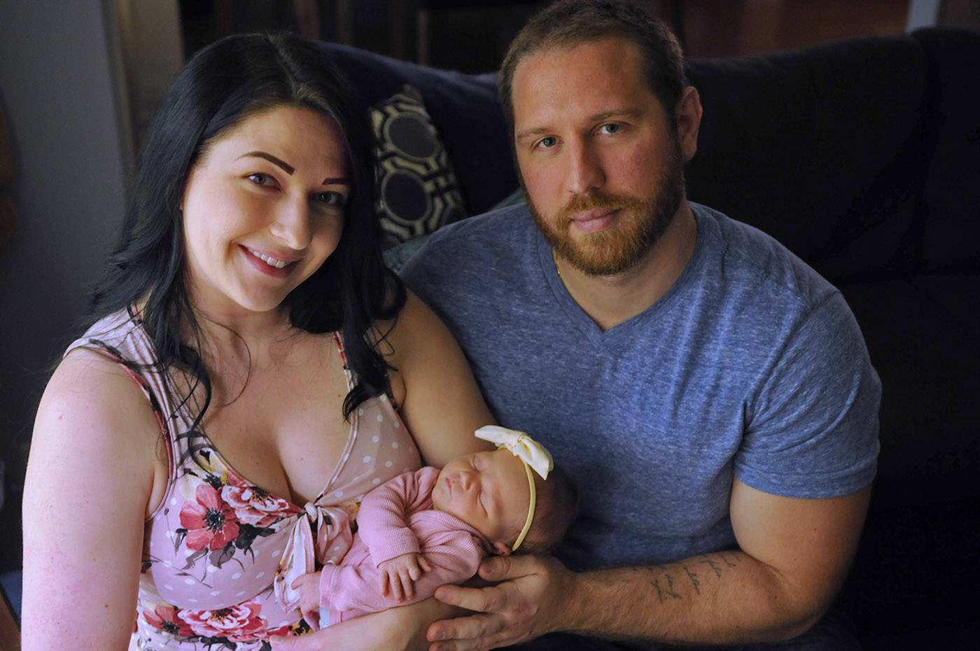 Raeya Evie Duncan was the 100th baby born at Chilliwack General Hospital for the month of May. She is seen here with her parents Alysha Williams and Andrew Duncan on June 12, 2021. (Jenna Hauck/ Chilliwack Progress)